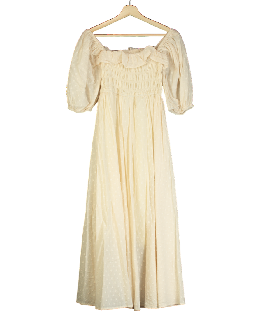 R.Vivimos Cream Square Neck Puff Sleeve High Waist Midi Dress UK S