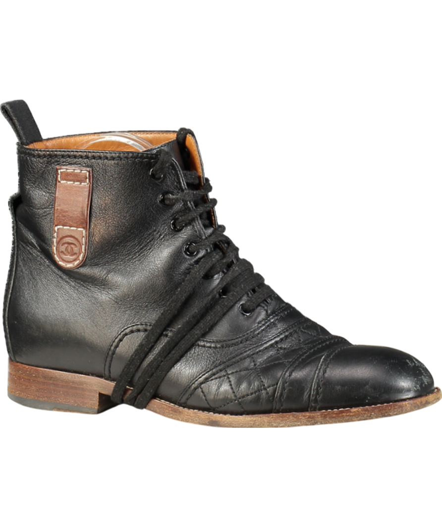 Chanel Black 2014 Interlocking CC Logo Lace-up Boots UK 5 EU 38 👠