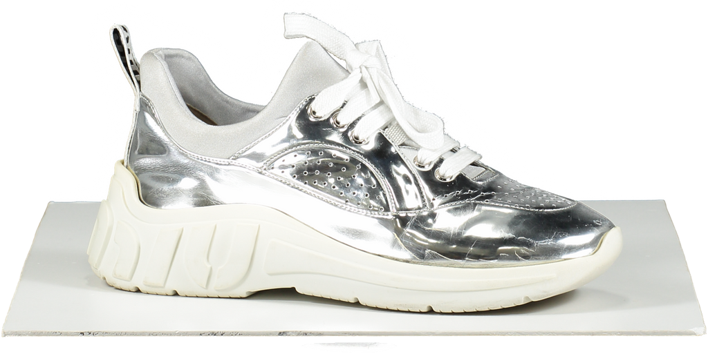 Miu Miu Metallic Silver Logo Heel Run Metal Tech Trainers UK 6 EU 39 👠