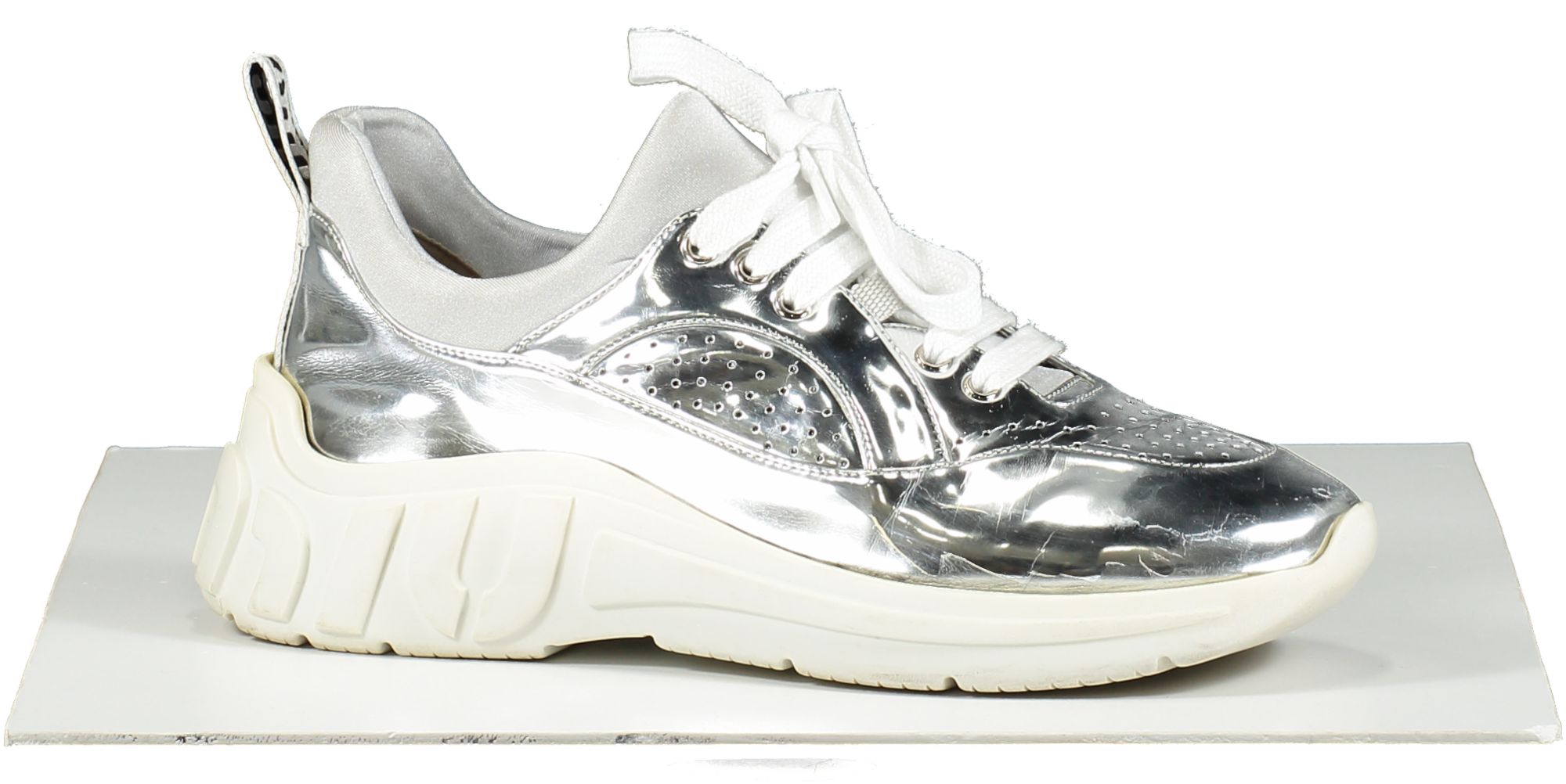 Miu Miu Metallic Silver Logo Heel Run Metal Tech Trainers UK 6 EU 39 👠