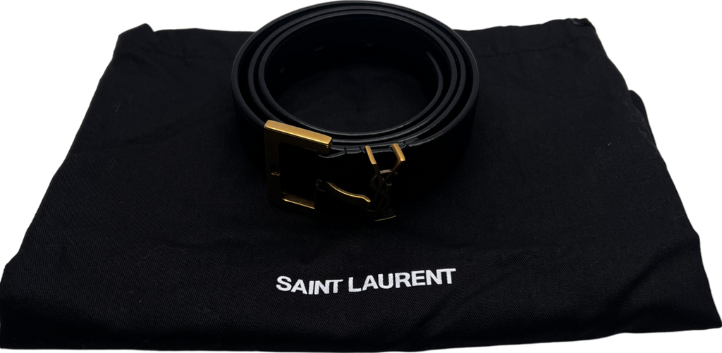 YSL Black Cassandre Belt With Square Buckle In Grained Leather UK S