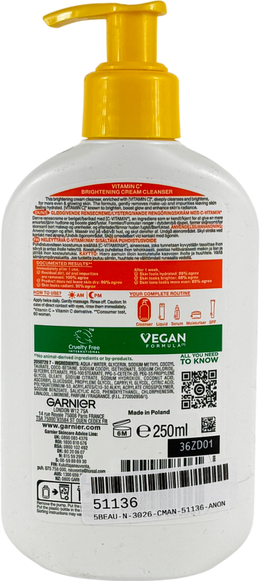 Garnier Vitamin C Brightening Cream Cleanser, Hydrates, Brightens & Cleanses 250ml
