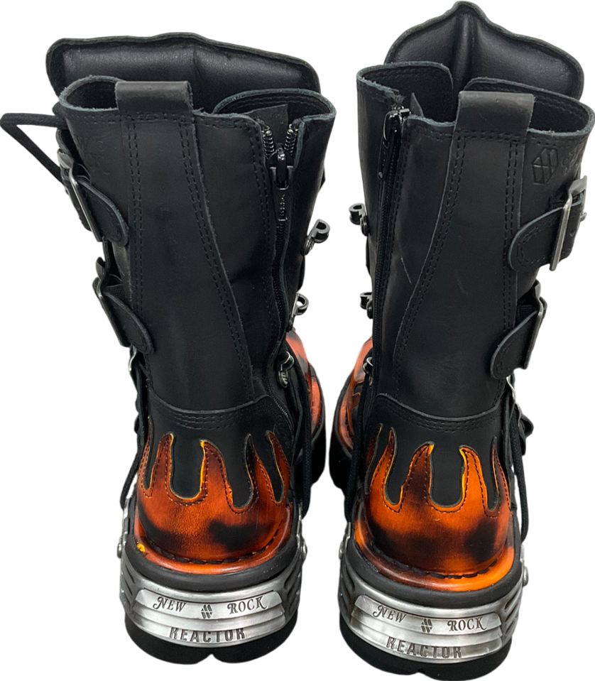 New Rock Black Flame Accented Leather Biker Boots UK 5 EU 38 👠