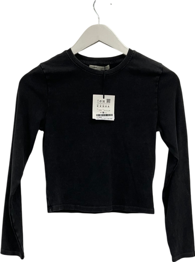Pull&Bear Long Sleeve T-shirt In Dark Grey Acid Wash UK M