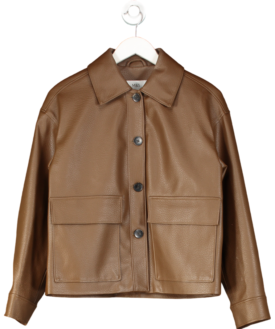 M&S Brown Faux Leather Cropped Jacket UK 8