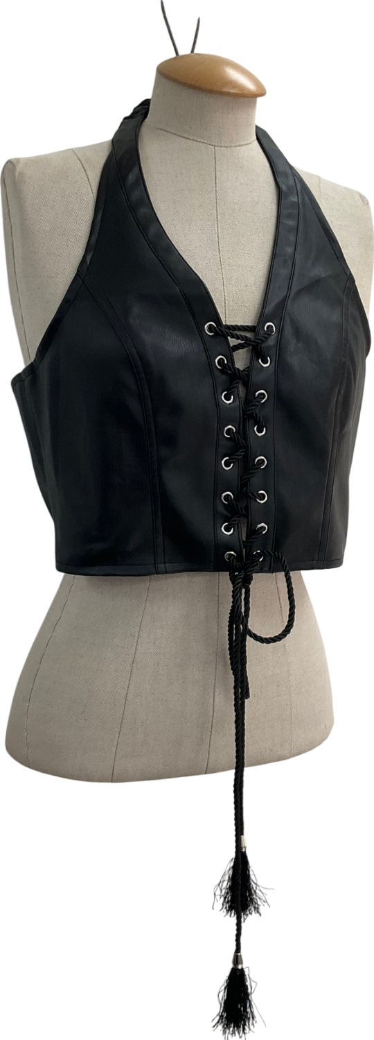 Club Exx Black Vegan Leather Rope Lace Halter Top UK L