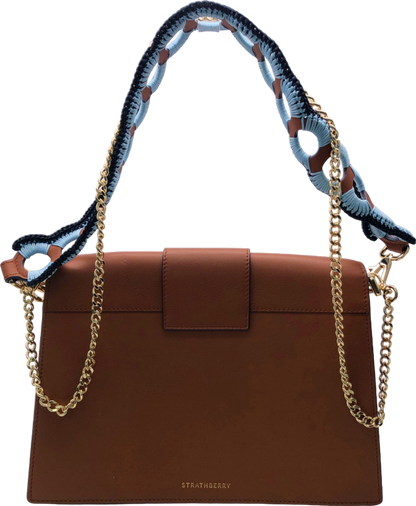 Strathberry Tan Leather Box Crescent shoulder bag with crochet strap