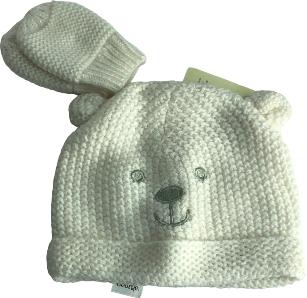 George Ivory Baby Bear Knit Hat and Mittens 0-3 Months