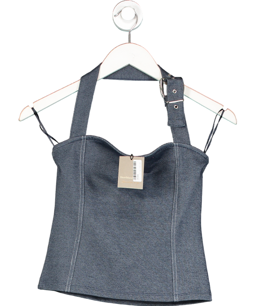 River Island Blue Denim Jersey Halter Neck Top UK XS