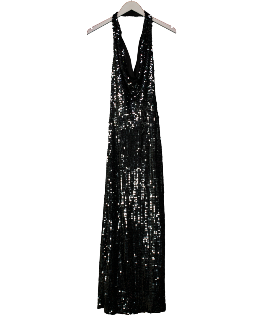 LIPSY Black Gunmetal Sequin Cowl Halter Neck Midi Dress UK 10