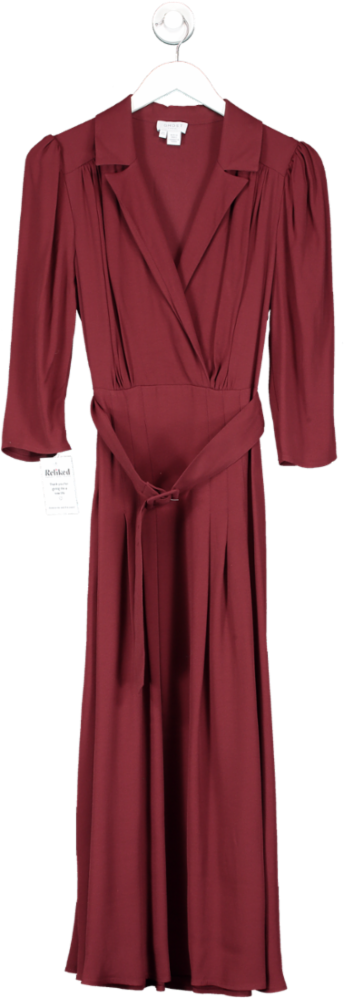 ghost Red Crepe V-neck Belted Midi Tea Dress UK XS