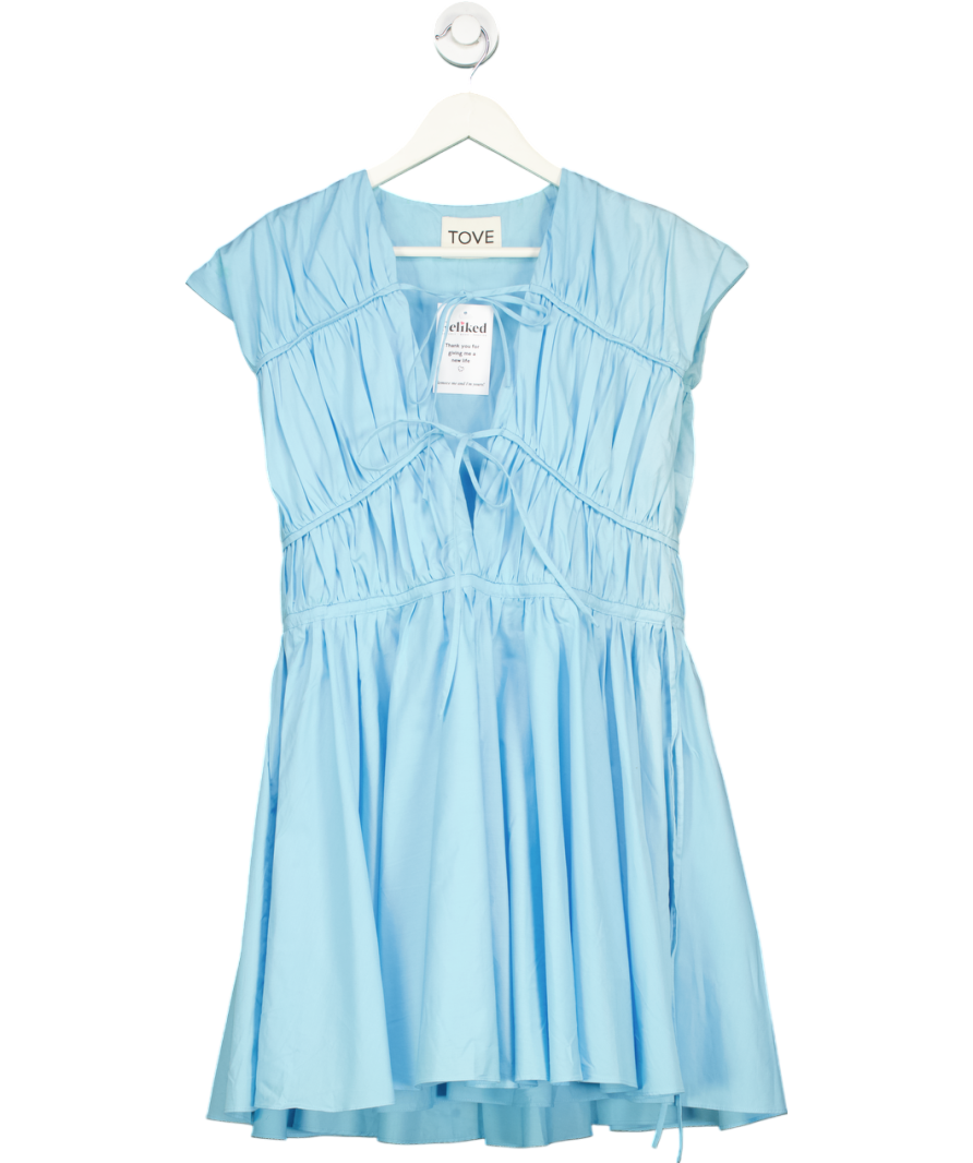 TOVE Blue Ceres Tie-detailed Cotton-poplin Mini Dress UK 6