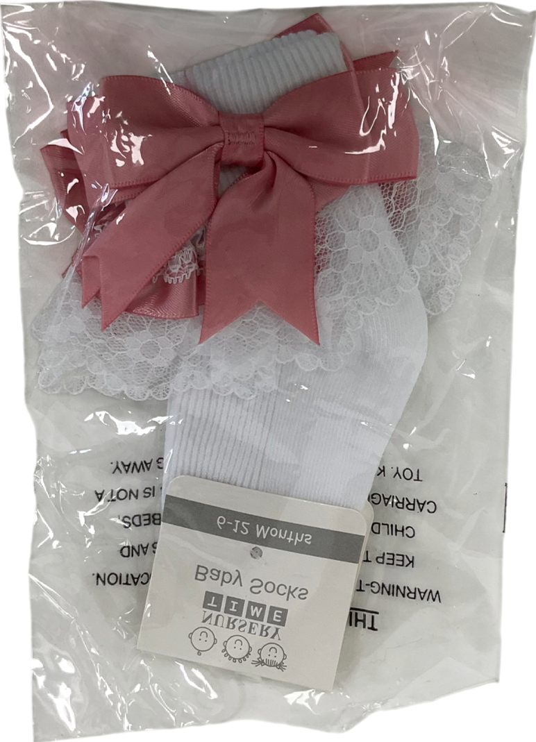 Nursery Time White Satin Bow Frilly Socks 3-6 Months