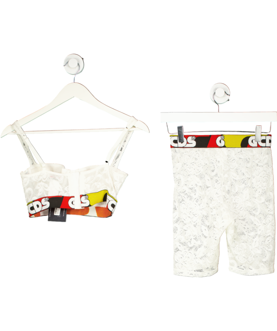 GCDS White Lace Shorts And Bralette With Logo Band UK S