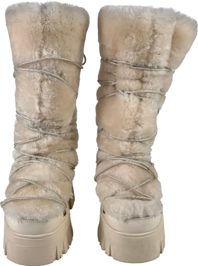 MY SUNDAY SKI Lug Tread Shearling Snow Boots - Tall Cream UK 6 EU 39 👠
