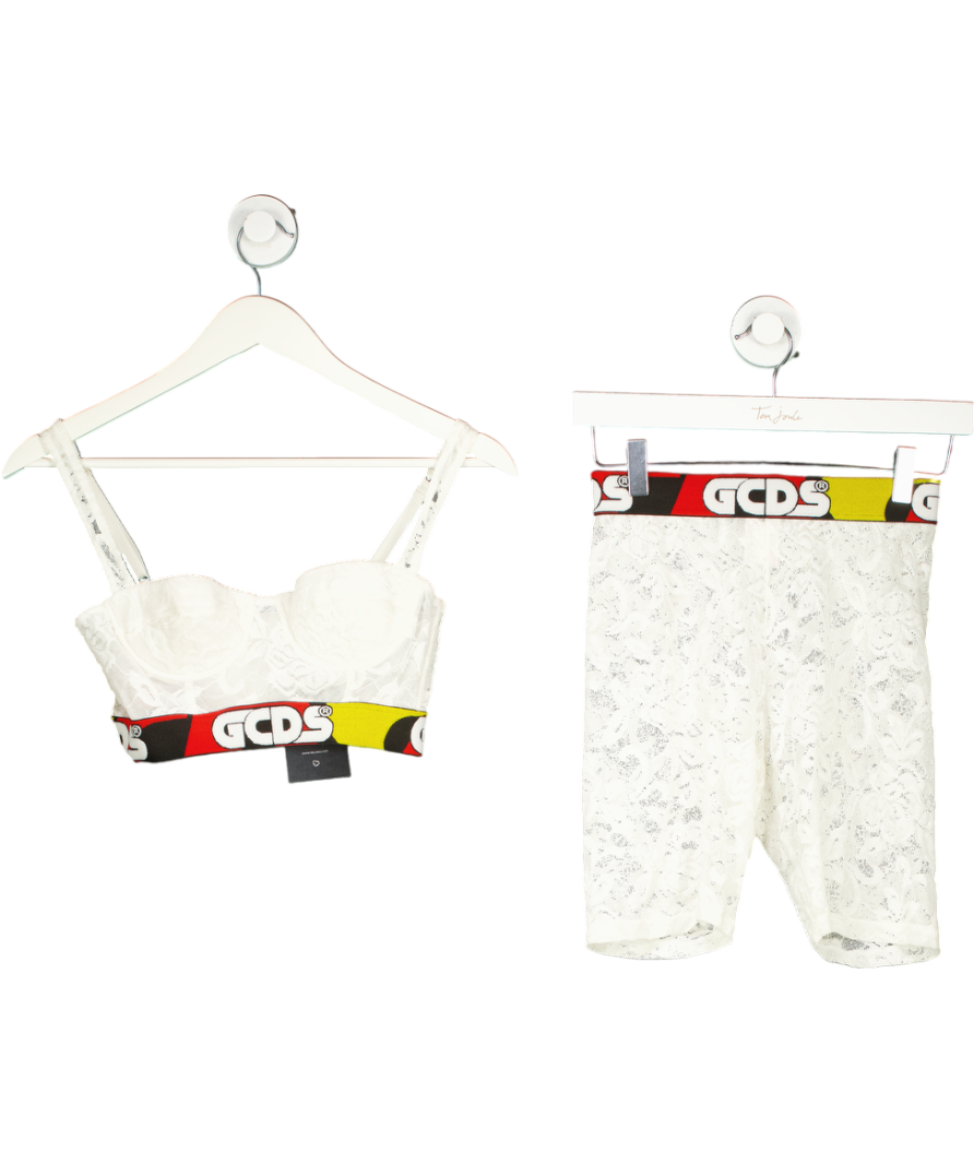 GCDS White Lace Shorts And Bralette With Logo Band UK S