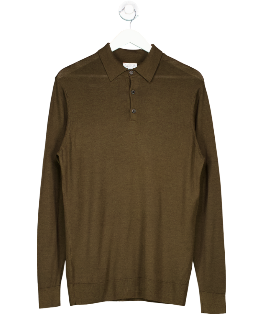 sunspel Green Long Sleeve Polo UK M