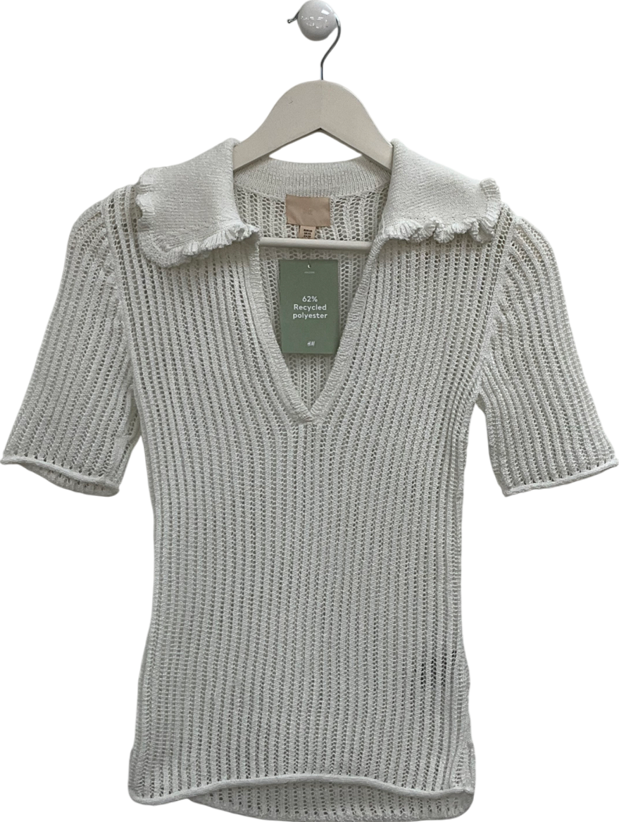 H&M White Open Crochet Polo Shirt UK XS