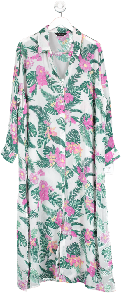 Yours White Plus Size Tropical Print Sheer Button Down Shirt Dress UK 22