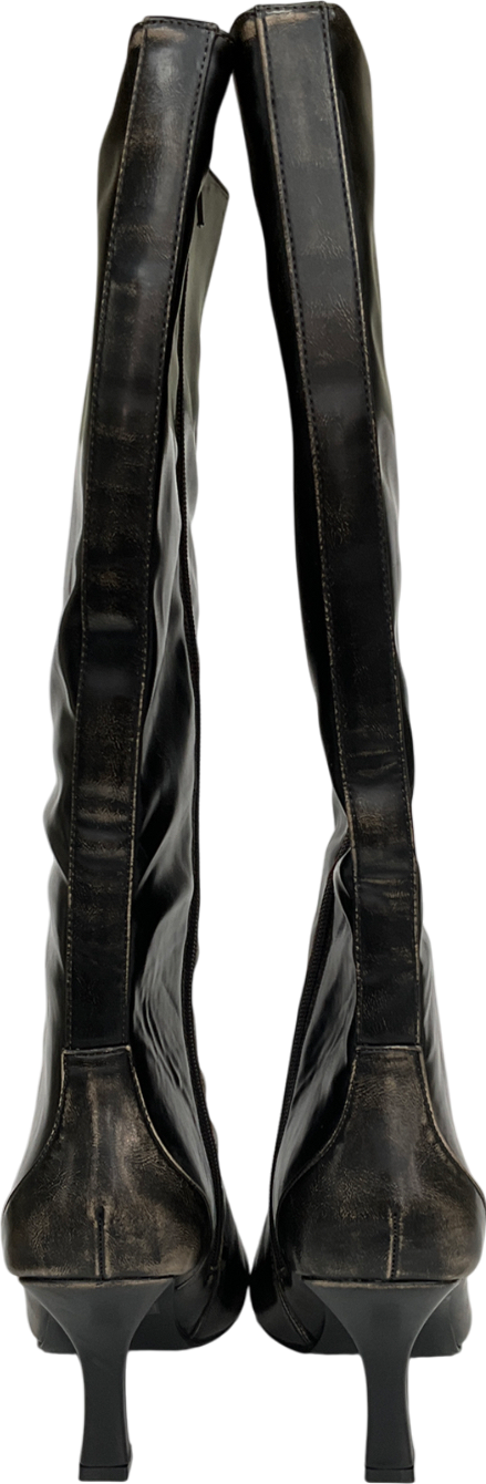 Public Desire Kitten Heel Straight Leg Knee Boots In Brown Distressed Pu UK 7 EU 40