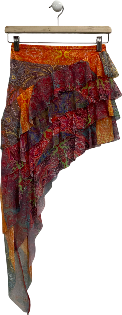 PrettyLittleThing Multicoloured Multi Patchwork Printed Mesh Asymmetric Skirt UK 10