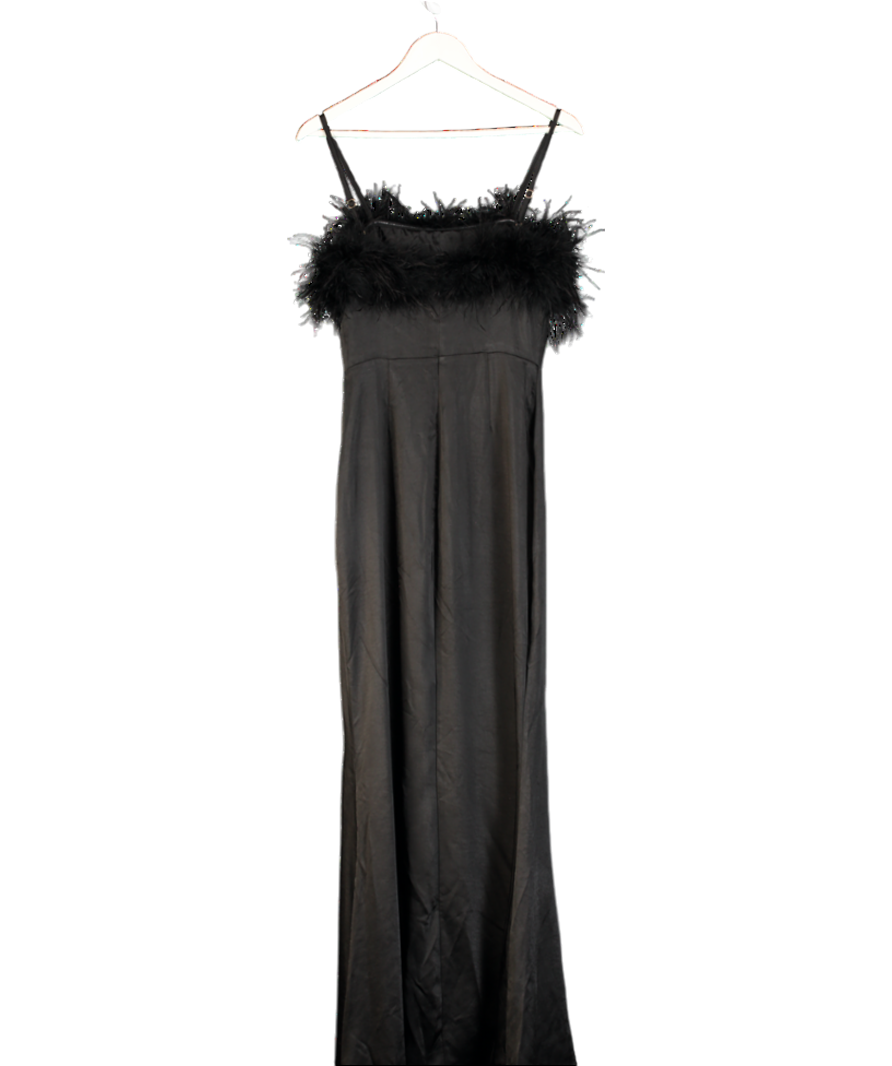 Club L Black Satin Feather Trim Maxi Dress UK 10