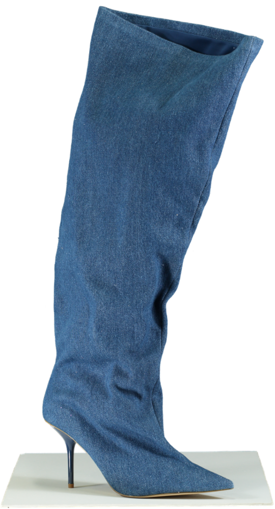 Good American Blue Denim Stiletto Knee-High Boots UK 7
