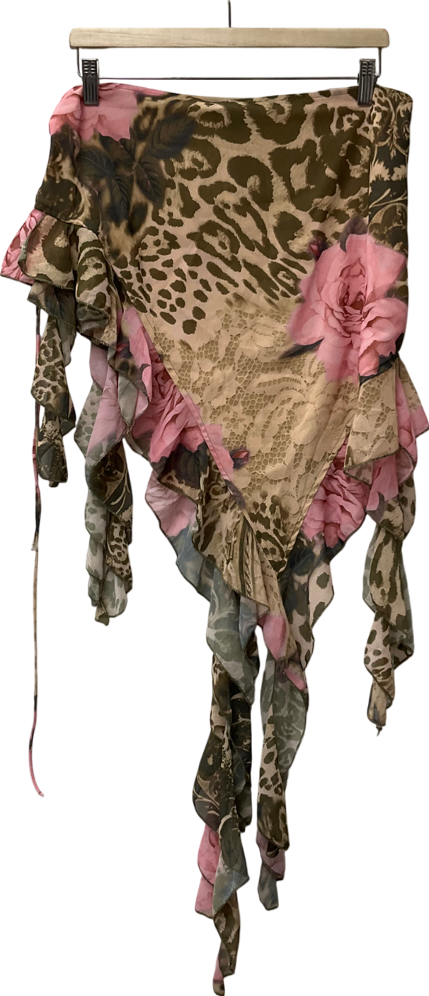 PrettyLittleThing Multicoloured Pleopard Print Chiffon Frill Detail Midi Skirt UK 12