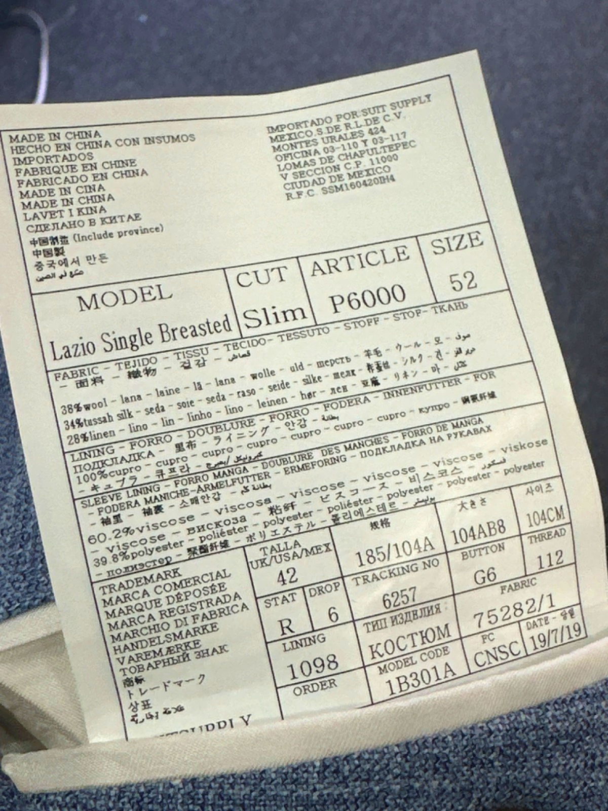 Suitsupply Light Blue Lazio Single Breasted Tailored fit  Suit 2-piece SZ52 UK XXXL UK 42