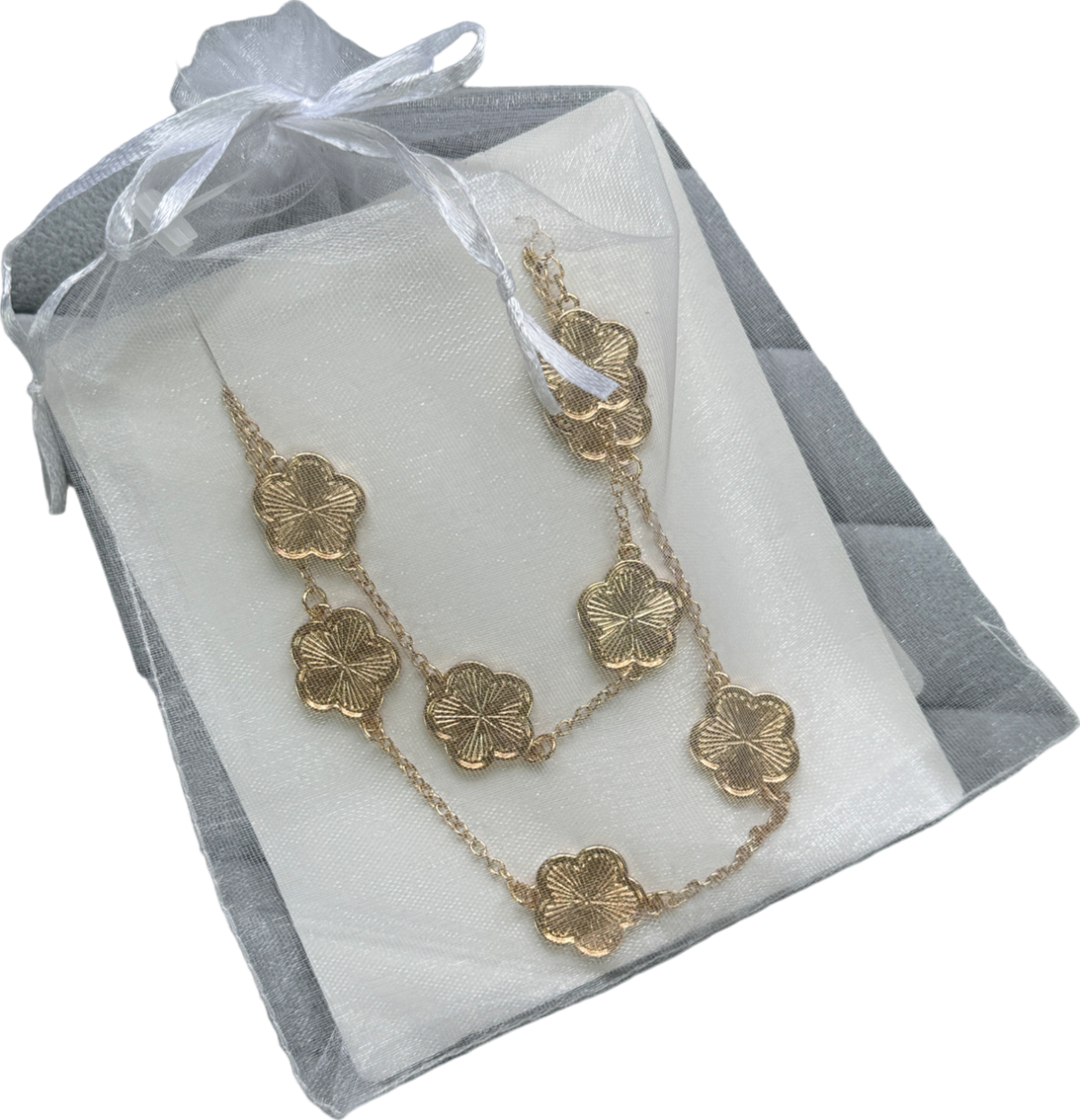 2-piece Gold Clover Necklace & Bracelet Set In Tulle Gift Bag