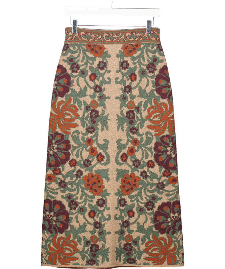 CARA CARA Beige Floral Jacquard Knit Clara Midi Skirt UK S