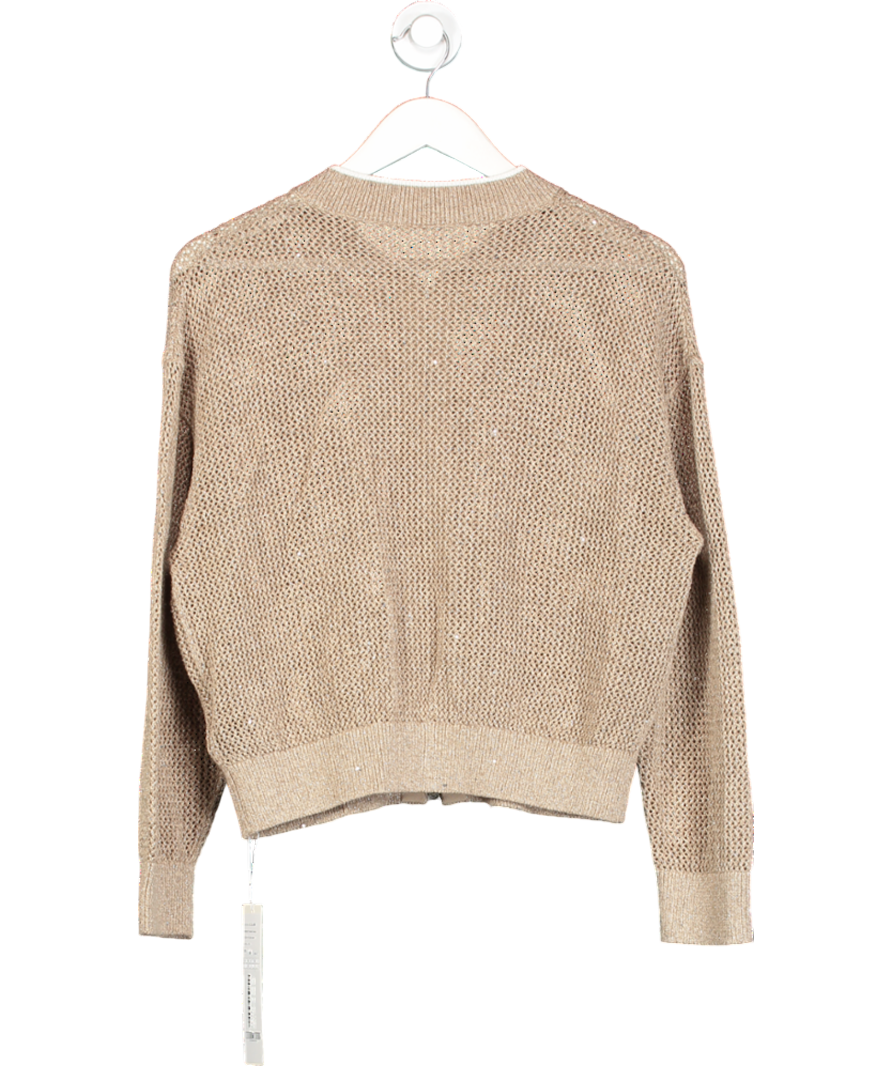 GOELIA Beige Linen Openwork Sequins Zip-up Women Jacket UK M