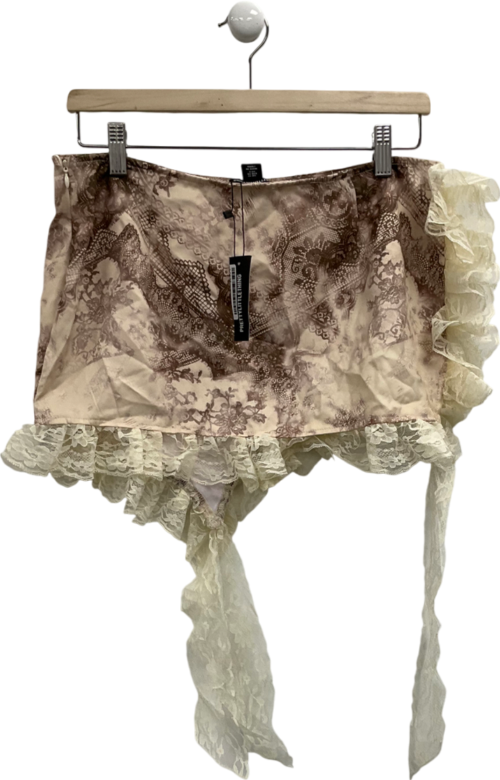 PrettyLittleThing Cream Leopard Print Lace Trim Mini Skirt UK 10