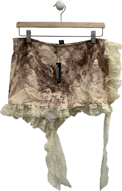 PrettyLittleThing Cream Leopard Print Lace Trim Mini Skirt UK 10