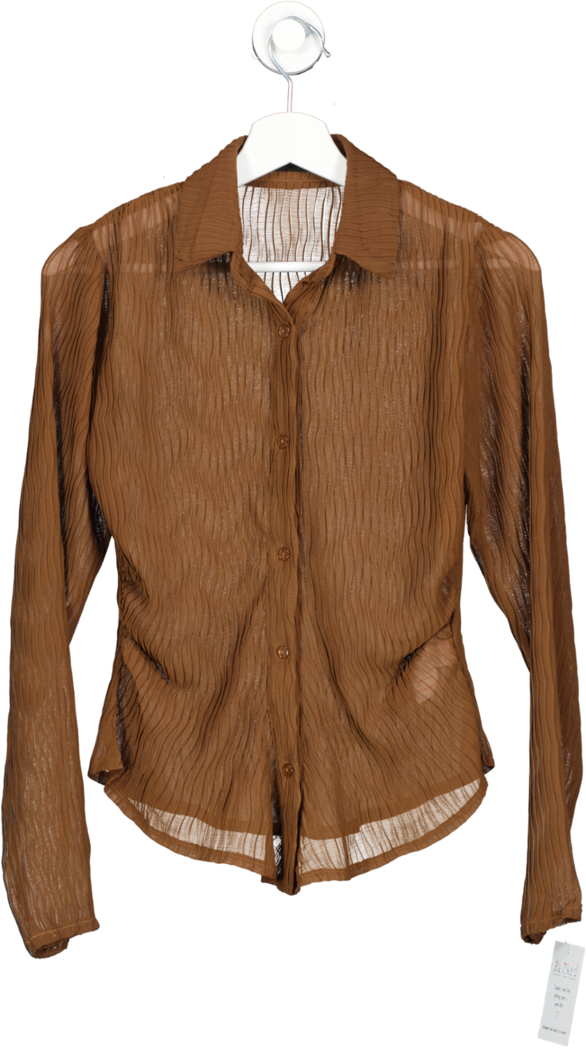 PrettyLittleThing Brown Plisse Sheer Shirt UK 8