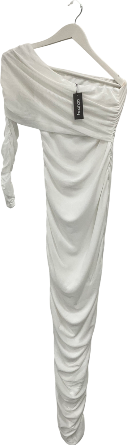 boohoo White One Shoulder Touched Mesh Maxi Dress UK 12