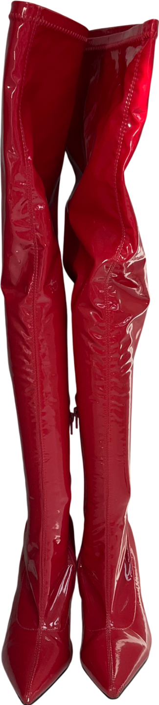 Public Desire Confidence Wide Fit Red Patent Stiletto Heeled Over The Knee Pu Boot UK 9 EU 42 👠