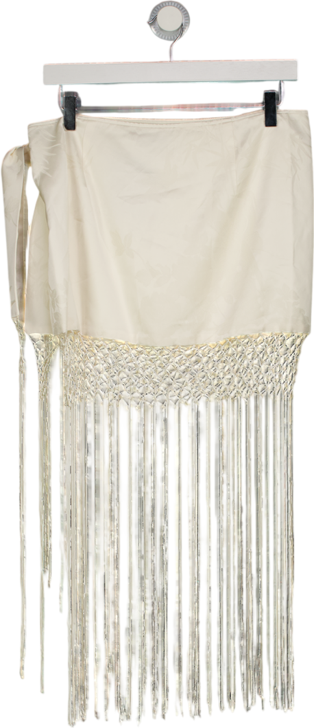 BOA Cream Satin Jacquard Sarong Midi Skirt With Fringing UK S