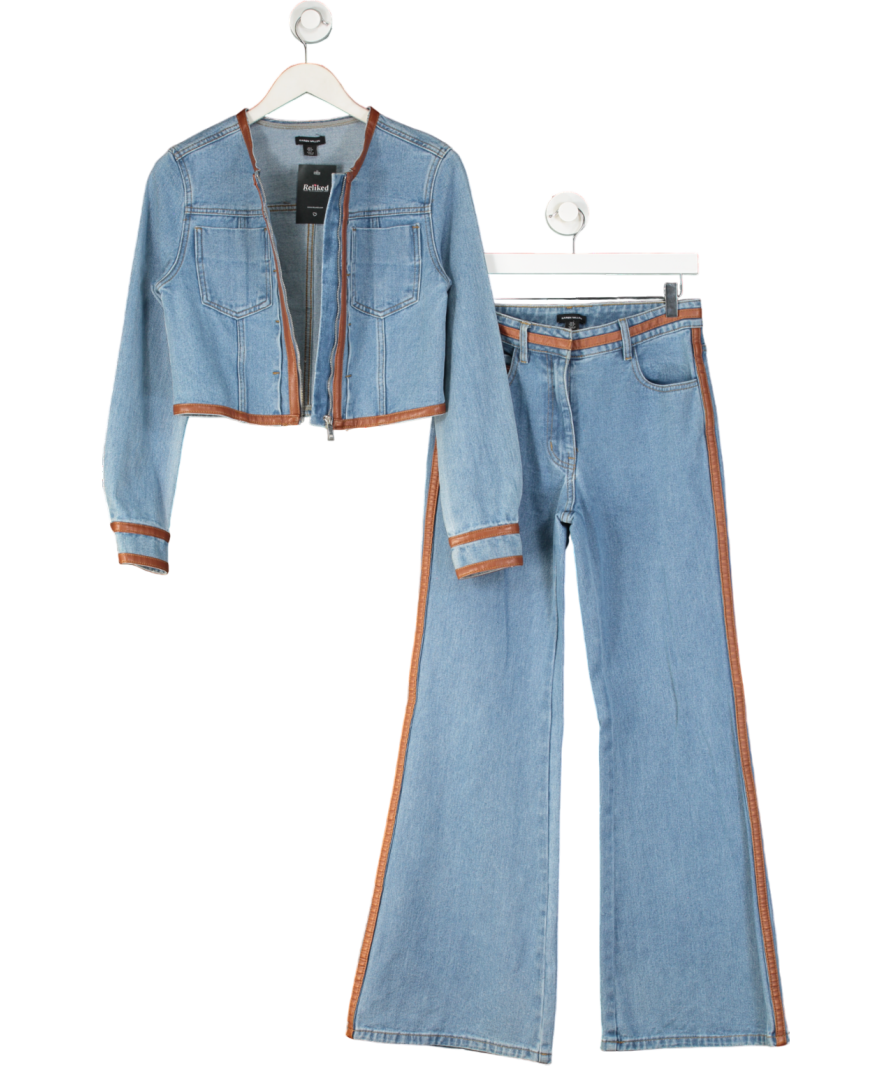 Karen Millen Blue Denim & Faux Leather Tipped Side Skinny Flare Jean And Cropped Jacket Set UK 6