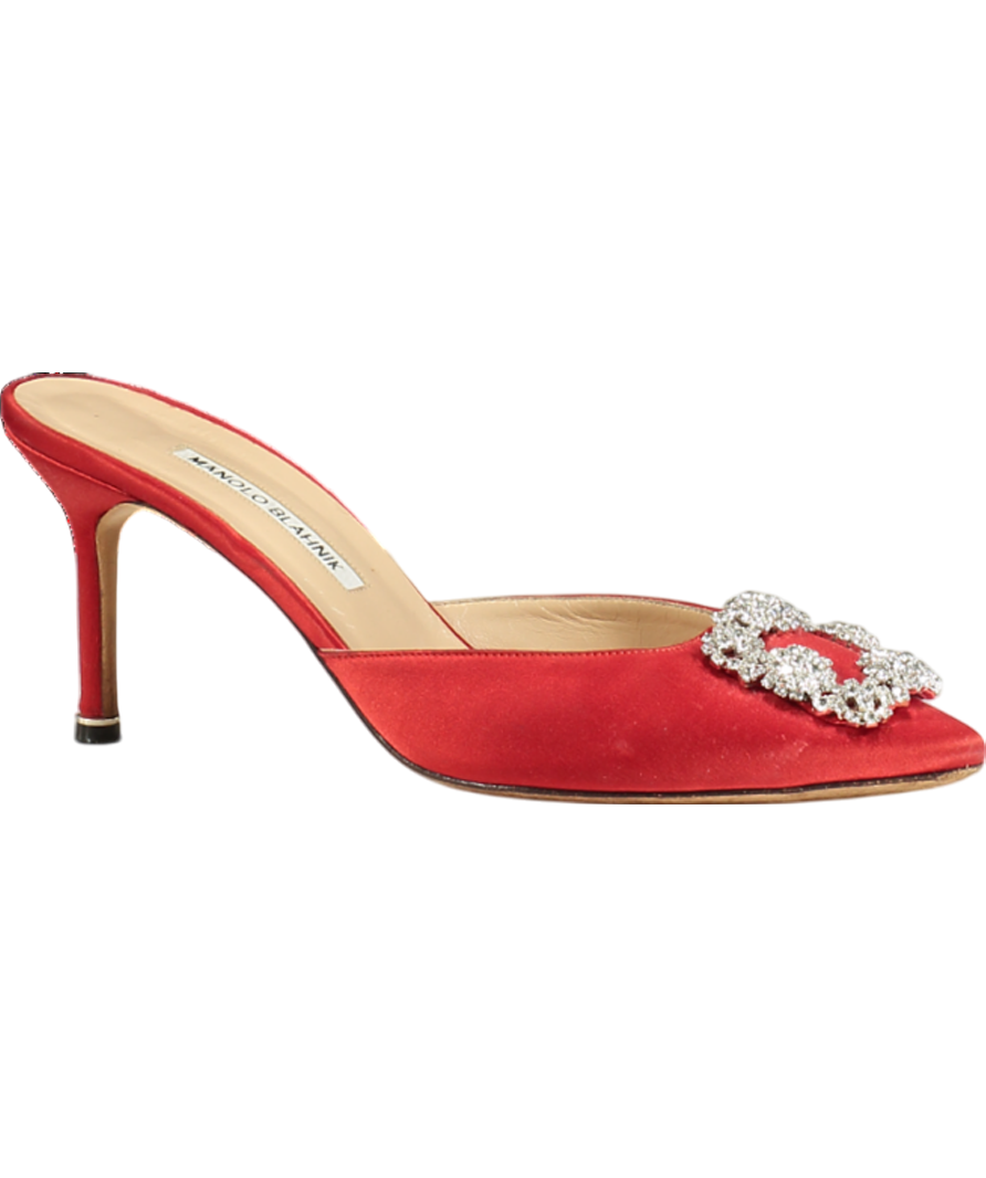 Manolo Blahnik Red Satin Jewel Buckle Hangisi Mules 70mm UK 7 EU 40 👠