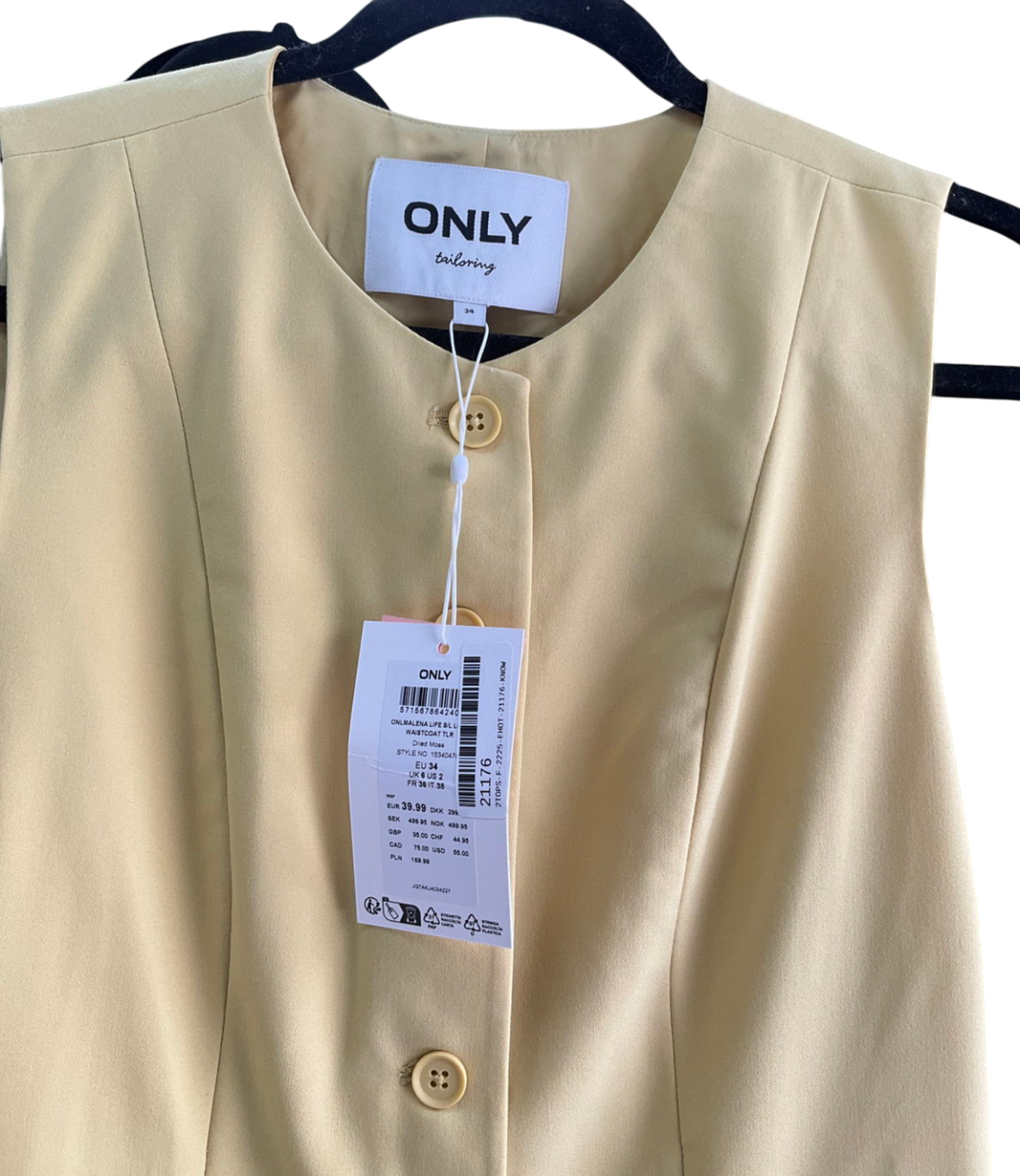 Only Yellow High Neck Longline Waistcoat UK 6