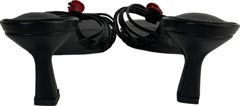 Public Desire Vertigo Black Pu Flower Detail Strappy Mid Heel Mules UK 5 EU 38 👠