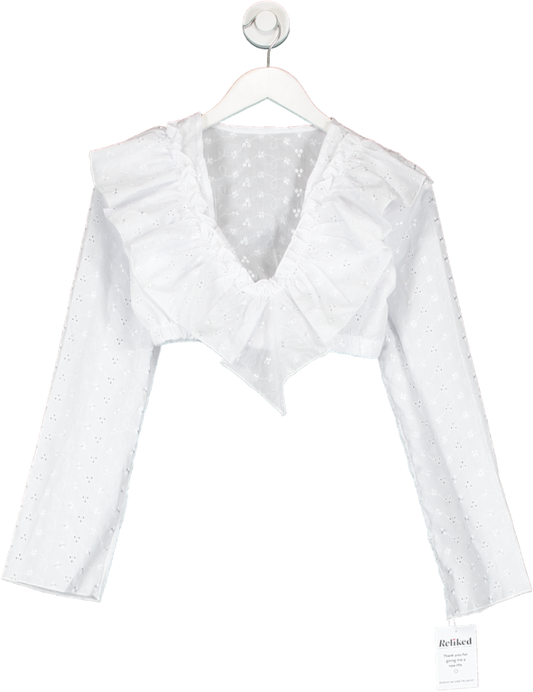 White Embroidered Long Sleeve Crop Top UK S/M