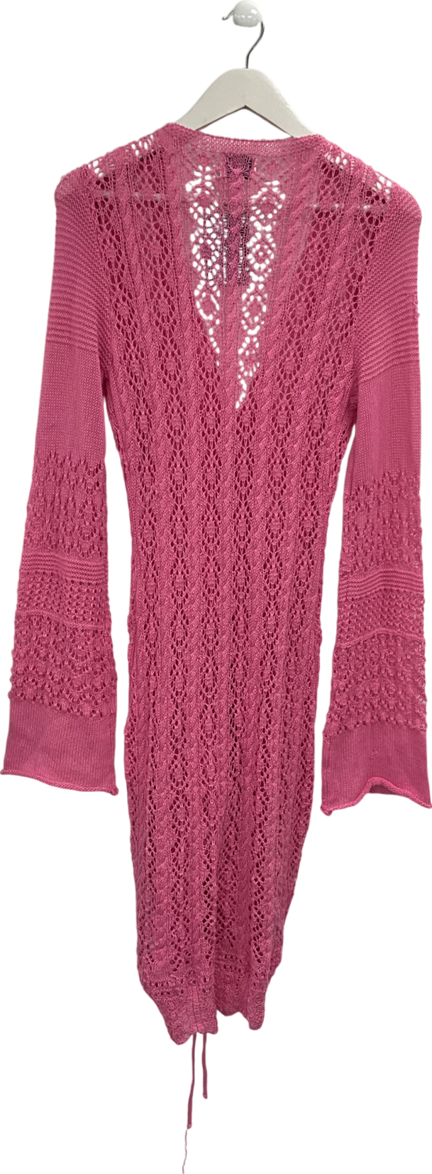 Sndys Pink Crochet Bell Sleeve Mini Dress With Ruched Detai UK L