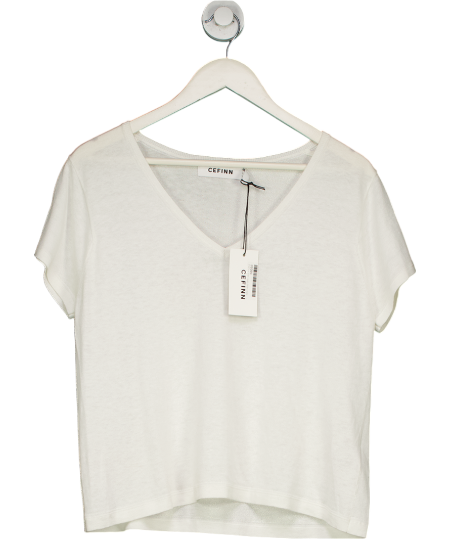 Cefinn White Madison Fine Linen Blend V Neck T-shirt UK M