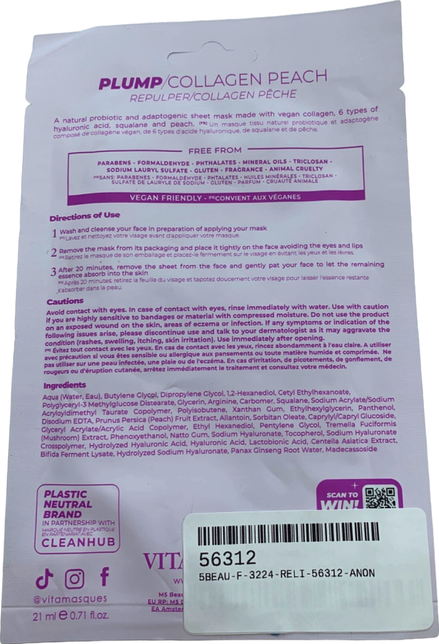 Vitamasques Plump Collagen Peach Sheet Mask 21ml