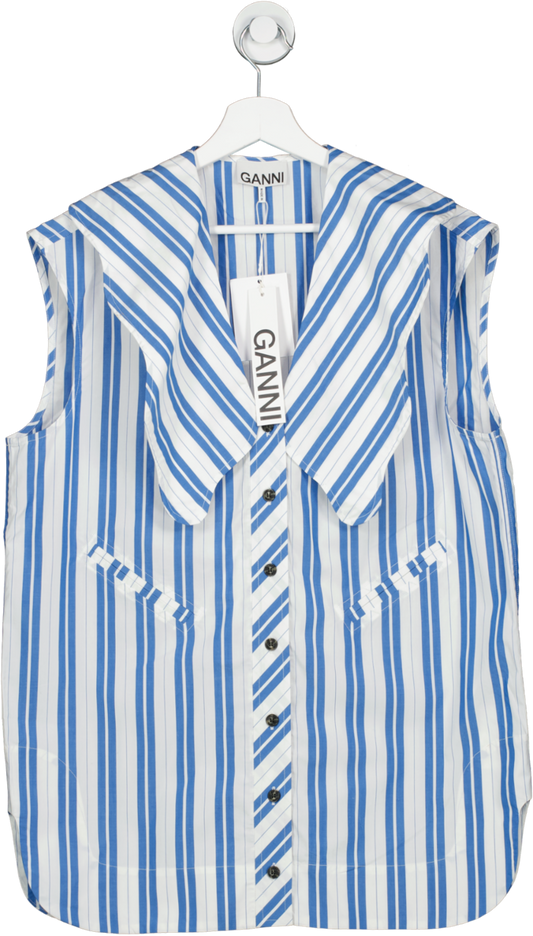 Ganni Blue /white  Striped Cotton Oversized Collar Blouse UK XXS