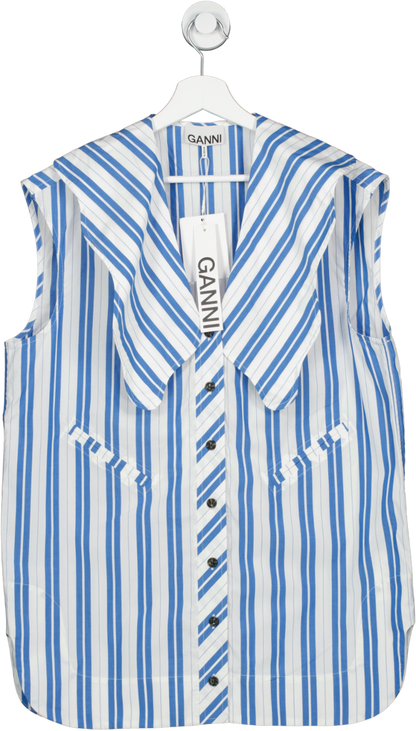 Ganni Blue /white  Striped Cotton Oversized Collar Blouse UK XXS