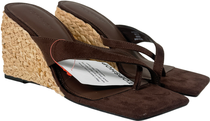 Topshop Brown Naomi Raffia Wedge Toe Thong Mule Sandal In Chocolate Faux Suede UK 6 EU 39