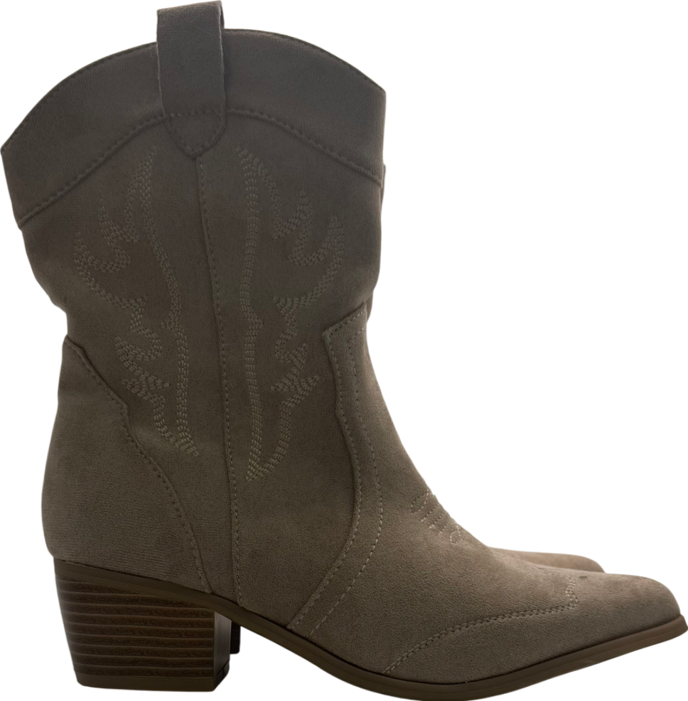 boohoo Beige Faux Suede Embroidered Western Ankle Cowboy Boots UK 6 EU 39 👠